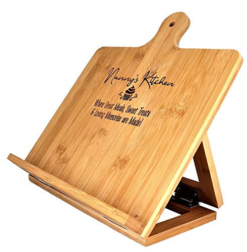 Nanny Recipe Cookbook Holder Stand Gift - Custom Engraved Bamboo Cutting Board Foldable Chef Easel Metal Hinges Kickstand Ipad Tablet Compatible Christmas Birthday Kitchen Decor Design (10.25X10.25) #TOP2