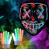 Balinco LED Maske 2-farbig Rot/Blau + LED Handschuhe - perfekt für Techno DJ | Halloween | Cosplay | Karneval | Gruselmaske | Neon Maske | als Ergänzung zum Horror Kostüm