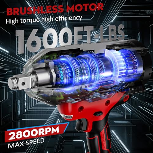 Cordless Impact Wrench 1600Ft-lbs - 2100N·m High Torque Impact Gun with 2 * 4.0Ah Battery - 3/4 Inch Brushless Impact Driver with 3/4" to 1/2" Adapter & 5 Sockets & Case for Car Truck Home - Image 3