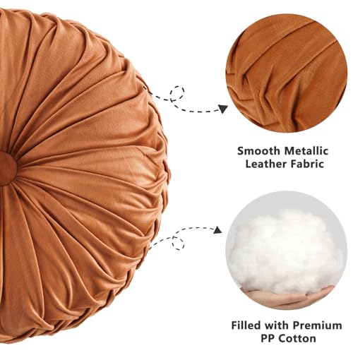 Image of HIG Set of 2 Decorative Round Pleated Throw Pillows, Classy Accent Pumpkin Throw Pillows with Center Button, Vintage Velvet Floor Pillows for Sofa Vanity Chair Bed, Rust, 14.5 inch Diameter(Ripple)