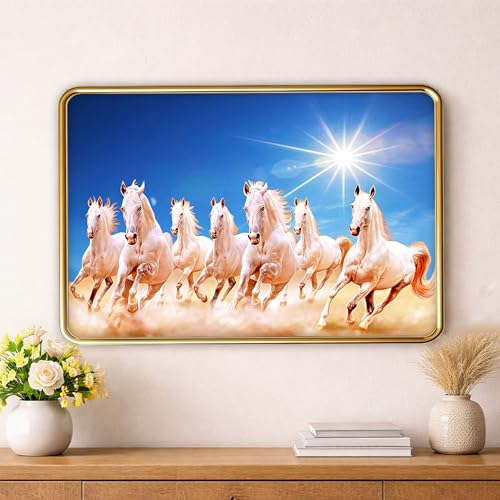 Image of XOPY Seven Running Horses with Golden Frame | Vastu 7 horses Raw Pyrite Painting for Home, Office & Living Room Wall Decore | 12X18 Inch Sparkle Laminated Frame | Best For Gifting (3109, 12X18)