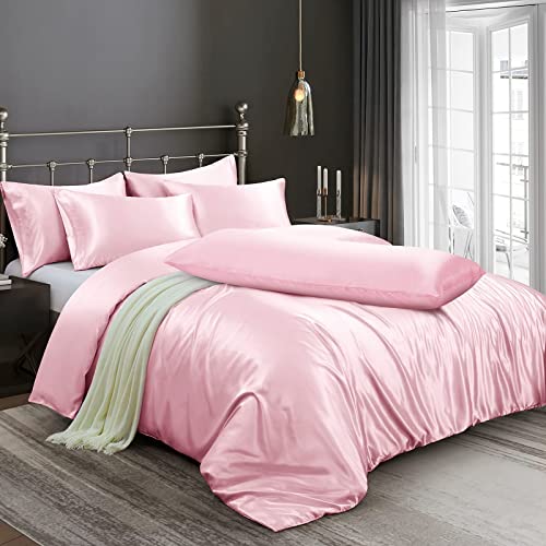 Image of Ersmak 6 Pieces Satin Duvet Cover King Size Luxury Silky Bedding Duvet Cover Set with 1 Soft Duvet Cover, 4 King Pillowcases and 1 Body Pillowcase, Blush Pink