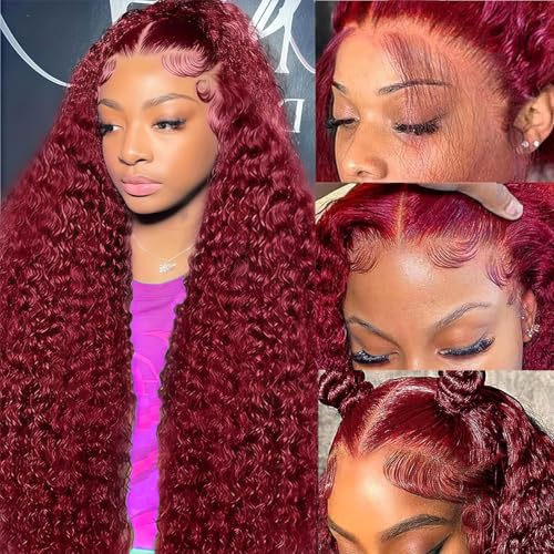 Image of 26 Inch 99j Burgundy Lace Front Wigs Human Hair 13x4 Deep Wave Lace Front Wigs Human Hair Pre Plucked 180% Density Water Wave Human Hair Wig Wine Red Wet Wavy Curly Glueless Colored Wig for Women