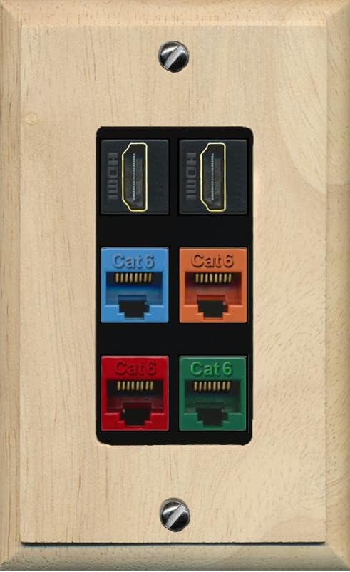 RiteAV 2 HDMI 4 Cat6 Ethernet Mixed Color Wall Plate - 1 Gang Decorative [Wood/Light-Almond]