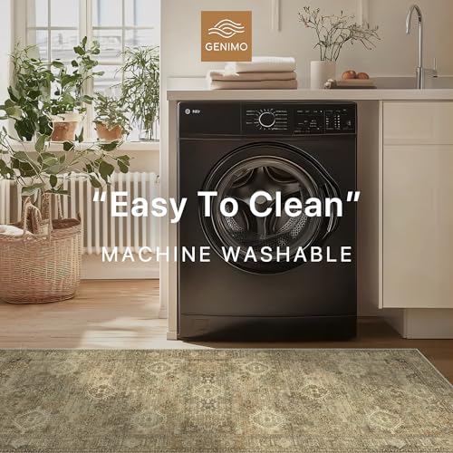 GENIMO 2X5 Hallway Runner Rug, Machine Washable Non Slip Vintage Floral Patchwork Runners, Thin Low Pile Chenille Carpet Runners for Entryway, Kitchen, Bathroom, Bedroom, Straw