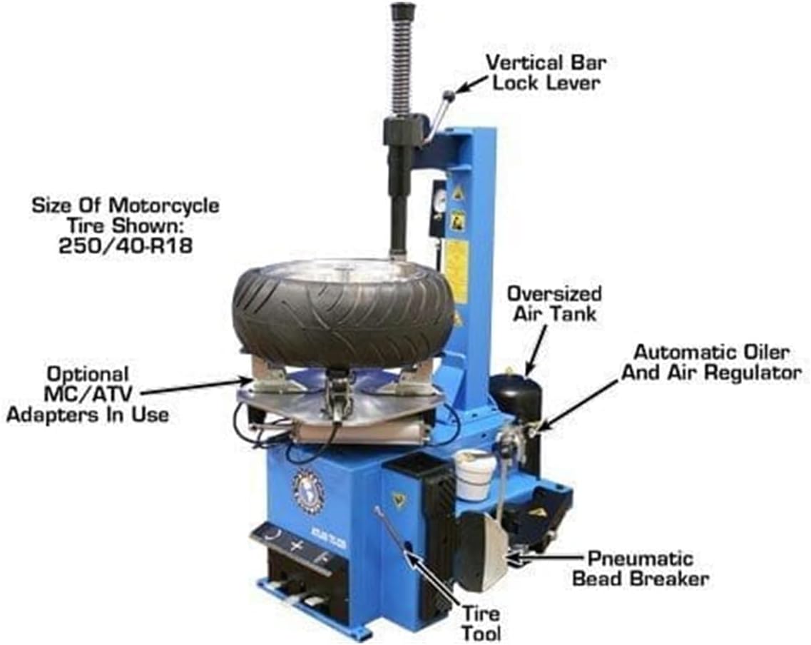 ATLAS TC229 Tire Changer showing air tank and regulator.