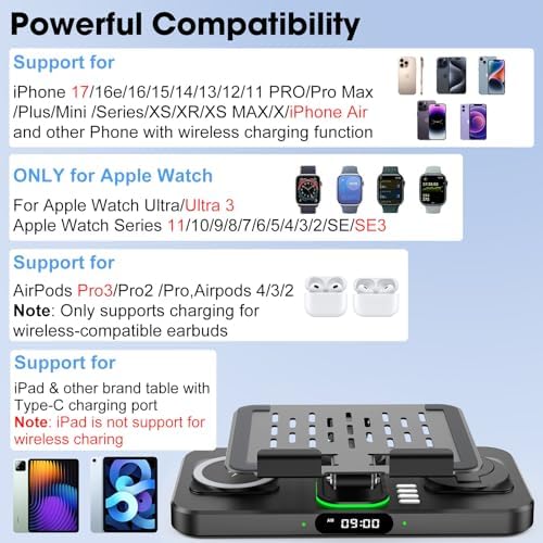 6 in 1 Wireless Charger for Apple Multiple Devices, Charging Station with Clock &7 Color Ambient Light, Foldable Rotate Stand for iPad, for iPhone17/16/15, Support for Apple Watch11/10 For AirPods4