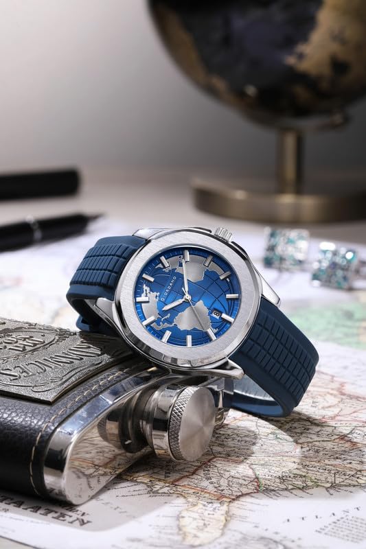Image of Giordano Stylish World Map Design Analog Watch for Men with Silver Case Round Dial, Textured Silicone Strap, Water Resistant and Date Display Function - GZ-50147