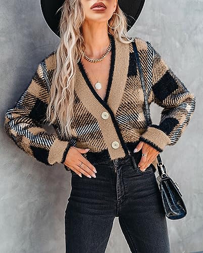 Imily Bela Womens Cardigan Sweaters Plaid Fuzzy Knit V Neck Button Down Long Sleeve Cozy Cardigans Pullover Tops2
