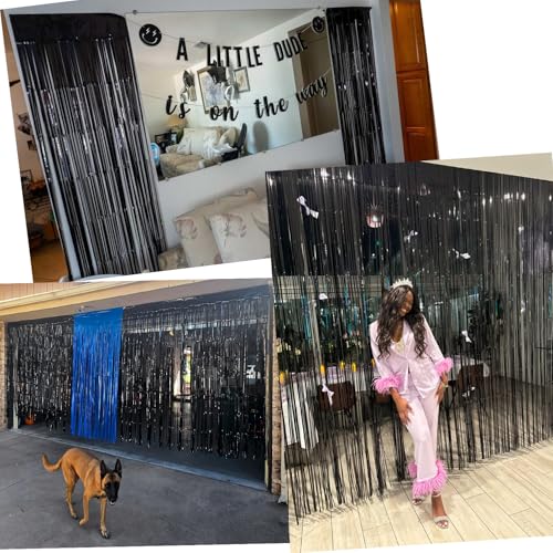 Image of 4 Pack Black Foil Fringe Curtains, Slmeno Glitter Black Tinsel Backdrop 3.3x8.2ft, Metallic Fringe Backdrop Party Streamers for Birthday Halloween Christmas New Years Graduation Party Decorations