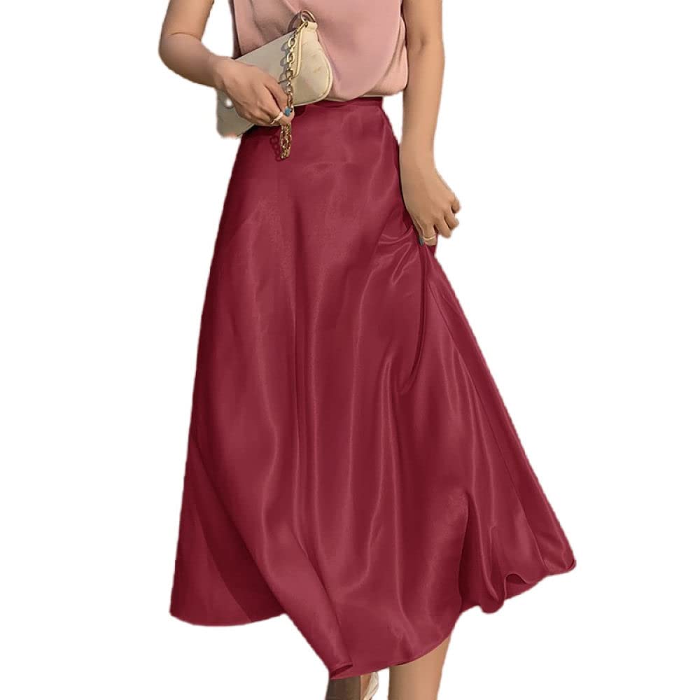 OZEO Röcke Für Damen,Damen Dünne Satin-Midi-Röcke Burgunder Glänzender Faltenrock Mit Hoher Taille Sommer Eleganter A-Linien-Swing Gerüscht Fließender Strandurlaub Lange Röcke Für Mädchen Damen,S