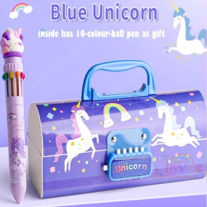 Image of WORSHIPER New Cartoon Theme Pencil Box with Push Pull Eraser Set for Kids | Suitcase Style Password Lock Stationery Organizer | School Supplies Gift Combo for Boys & Girls (Blue Unicorn + Eraser)