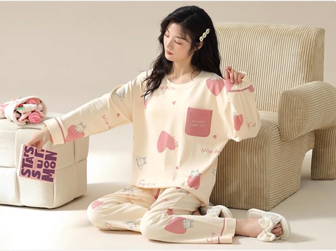 Image of Celary Women's Korean Night Suit Set | Round Neck Full Sleeve Top & Printed Ankle Length Pyjama | Skin-Friendly Fabric Soft Breathable Stretchable Loungewear | M to 2XL