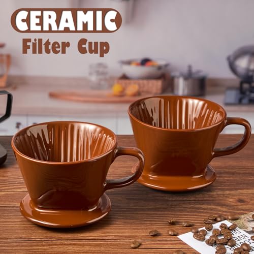 Image of Pour Over Coffee Dripper, Ceramic Pour Over Coffee Maker, Brown | 3 Holes Flat Bottom, Easy Manual Brew Maker, Porcelain Slow Filter Cone for Travel, Camping, Office, Home