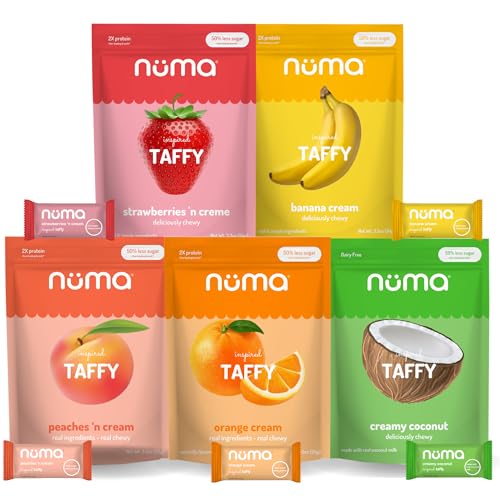 Numa Foods Nutritious Chewy &amp; Creamy Candy Variety Pack - Low Sugar, All-Natural, Gluten Free, High Protein - 5 Bags of 10 Individually Wrapped Chews Each of Vanilla Banana Strawberry Coconut Coffee
