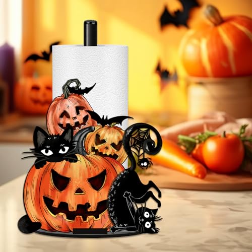 Halloween Paper Towel Holder, Scary Pumpkin Black Cat Paper Holder, Fall Holiday Decoration for Kitchen Countertop Bathroom Home Farmhouse, Halloween Holiday Pumpkin Head Decor Indoor