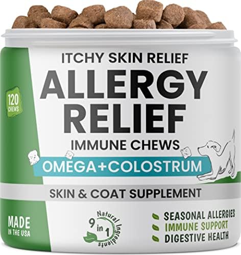 Allergy Relief Dog Chews – Itchy Skin Relief w/Omega 3 + Probiotics + Colostrum – Seasonal Allergies – Anti-Itch Treats – Skin & Coat + Immune Supplement – Made in USA – Chicken Flavor – 120 Ct