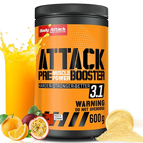 Body Attack Pre Workout Booster – Extrem hochdosierter Workout-Booster für alle Sportler & Athleten – speziell entwickelt für Bodybuilding, Kraftsport und Fitness (Orange-Maracuja)