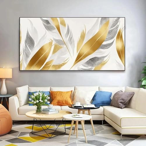 Tableau moderne plume d'or grand format encadré pour mur vide