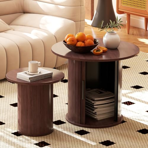 COSVALVE 60CM Nesting Coffee Table Set of 2 with Hidden Storage & Sliding Door, Round Circle Wood Coffee Table, Farmhouse Side & End Table Sets for Living Room, Small Spaces, Dark Brown