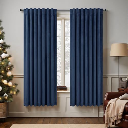 Image of Navy Blue Velvet Curtains 63 Inches Long for Bedroom Nursery Room Darkening Thermal Insulating Window Satin Silk Textured Curtains for Living Room Door Victorian Retro Decor 52x63 Length 2 Panels Set