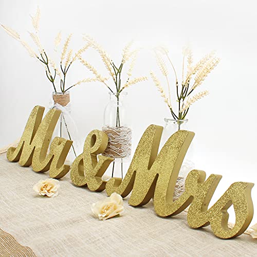 Bloobloomax 6 Inches High Wooden Mr and Mrs Sign Rustic Mr & Mrs Letters Wedding Signs,Photo Props,Party Table,Top Dinner,Rustic Wedding Decorations, Golden