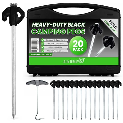 Green Thumbz Clavijas resistentes para tienda de campaña, estacas de camping para exteriores, galvanizadas de metal resistente con caja de almacenamiento y removedor de clavijas (20 cm, tipo de punta
