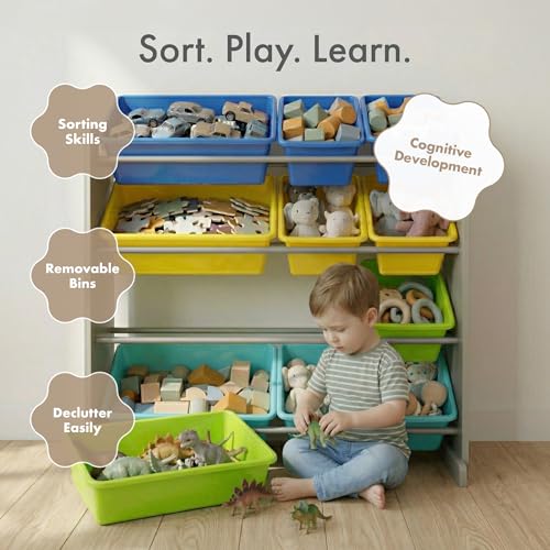 Image of Humble Crew Toy Storage Organizer with 12 Removable Storage Bins for Kids Playroom, 4-Tier Toddler Toy Organization, Grey /Blue /Green /Yellow