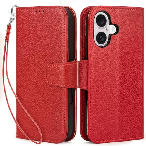 Arae Compatible with iPhone 16 Plus Case Wallet with Card Holder Wristlet Strap Wallet Flip Cover for iPhone 16 Plus 6.7 inch Men/Women RFID Blocking Kickstand Litchi Wine Red
