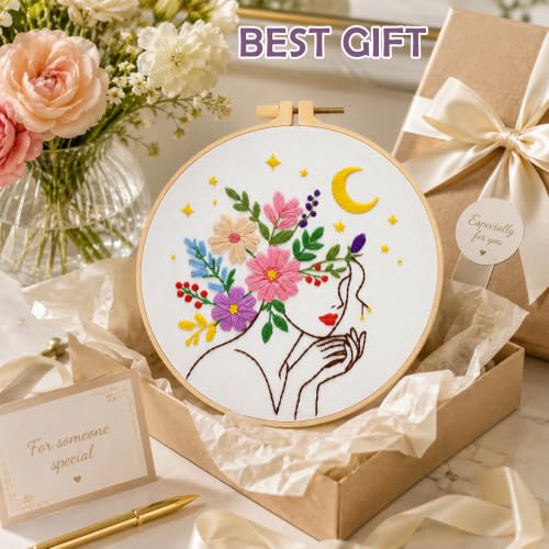 Image of Nuberlic Embroidery Kit for Beginner,Floral Woman Embroidery | Complete Embroidery Supplies, Needlepoint Kit with 7.9Inch Hoop, Stamped Fabric, Threads, Needles and Instructions