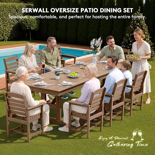 SERWALL 9 Piece Outdoor Dining Set, 84\" HDPE Outdoor Table and Chairs for 8，All Weather Patio Furniture Set with Umbrella Hole for Backyard, Garden, Brown - Thumbnail 6