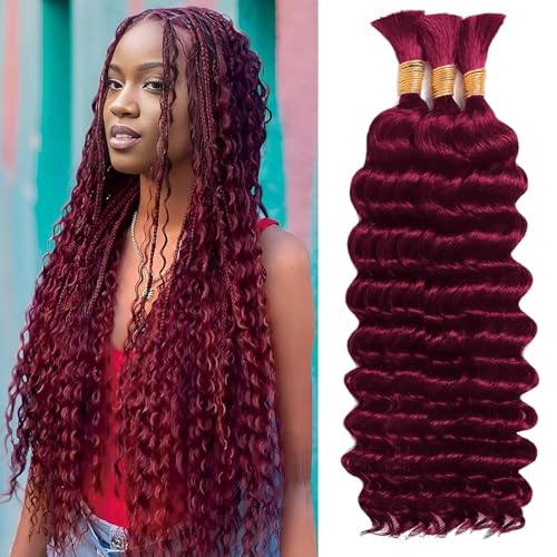 Human Braiding Hair for Boho Braids Human Hair 3 Bundles/Pack 110g 18 Inch Deep Wave Bulk Human Hair for Braiding Curly Knotless 12A Brazilian Virgin Burgundy