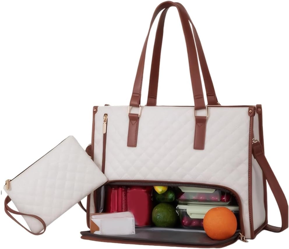 2 in 1 Tote Bag Lunch Bag Combo, 15.6 Inch Leakproof Tote Bags with Insulated Lunch Compartment, Large Capacity Computer Handbags for Women, Laptop Handbags with Purse for Business, Work (White)
