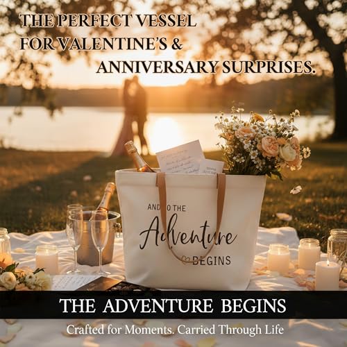Image of ELEGANTPARK Bridal Shower Gifts for Bride to Be Gifts Engagement Bachelorette Wedding Party Retirement Graduation Present So The Adventure Begins Canvas Tote Bag with Zipper and Pocket