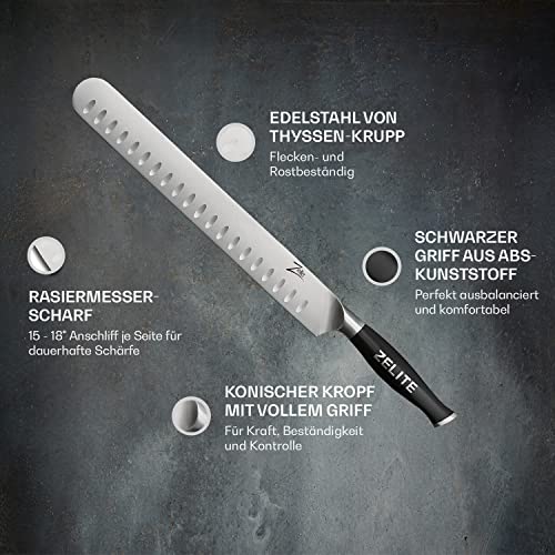 Zelite Infinity Carving Knife 12 Inch, Brisket Knife, Meat Knife, Slicing Knife For Meat Cutting, Meat Cutting Knife, Bbq Knife - German High Carbon Stainless Steel - Razor Sharp Knife - Granton Edge #TOP1