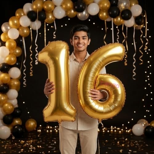 Image of Balloonistics Gold 40-Inch Foil Number 16 Balloon - Helium or Air Fill for 16th Birthday, Anniversary Party Decoration, Photo Booth Backdrop, Cake Table Decor