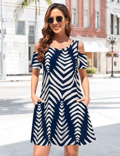 Image of Misyula Style Womens Summer Cold Shoulder Floral Flowy T-Shirt Dress with Pockets