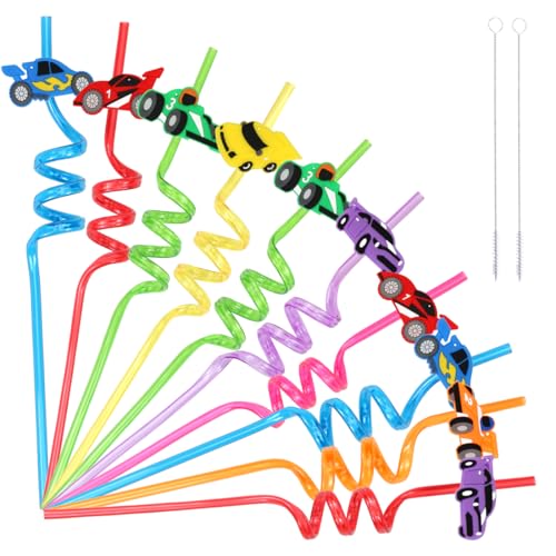 Paille Enfant, 10 Pièce Pailles Voitures et 2 Goupillon Paille, Straws Plastique Colorées, Pailles Spirales Réutilisables pour Fêtes Anniversaire Enfants, Réunions de Famille