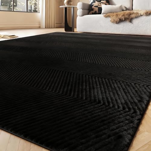 Area Rug for Living Room - 4x6 Soft Faux Rabbit Fur Modern Geometric Wave Carpet for Bedroom, Black
