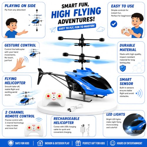 Image of Toy Plastic Helicopter Remote Control Helifor 6 + Years Boys Indoor and Outdoor Helicopter, Palm Sensing Helicopteer with led Lights (Pack of 1) (Blue)