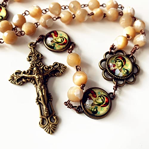elegantmedical HANDMADE Mary Help of Christians ROSARY Faceted MOTHER-OF-PEARL BEADS CRUCIFIX CROSS NECKLACE BOX3