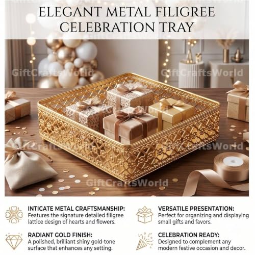 Image of Multipurpose Metal Basket For Gift Hamper, Pooja Temple Storage With Sturdy Handle, Decorative Flower Organizer & Versatile Puja Utility Accessories Home Decoration (Square Tary)