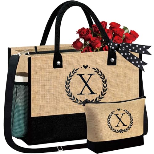 Image of GhvyenntteS Gifts for Women - Initial Jute Tote Bag & Makeup Bag, Valentines Day Gifts for Her Teacher Mom Wife Friend Birthday