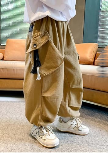 Boys Baggy Cargo Pants Casual Loose Fit Parachute Pant Fashion Harem Joggers Sweatpants with Pockets 11-12 Years 19 Khaki4