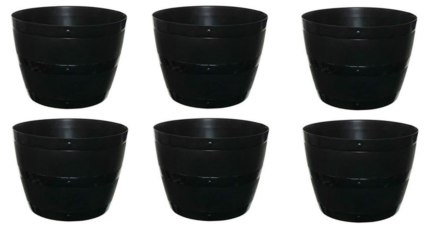6 x 34cm Small Black Barrel Planter Plant Pot Plastic Indoor Outdoor Barrel Planter