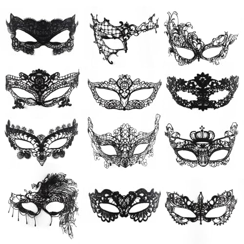 UYUYong 12 Pièces Masque de Mascarade Femme Masque Dentelle Noir Sexy Masque Loup Venitien pour Mascarade Carnaval Fête Halloween
