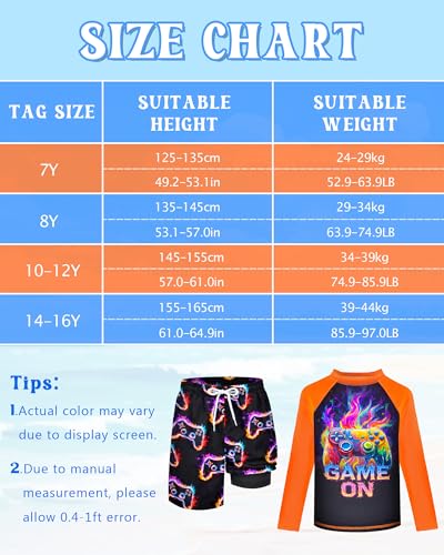 Image of Boys Rash Guard Swim Set with Swim Trunks Bathing Suit Long Sleeve Swim Shirt Quick Dry Swimsuit Kids Swimwear Size 7-16