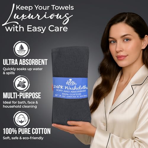 Image of DAN RIVER 24 Pack Wash Cloths for Showering [12x12] - 100% Cotton Washcloths Premium Quality Flannel Face Cloths for Bathroom, Highly Absorbent and Soft Feel Wash Clothes, Charcoal