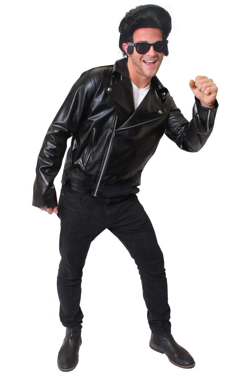 ILOVEFANCYDRESS MENS 60S ROCK N ROLLER COSTUME - LEATHER LOOK JACKET + BLACK WIG + SUNGLASSES (X-LARGE)
