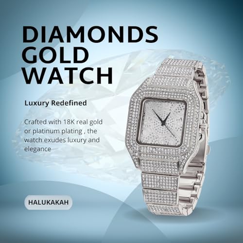 Image of Halukakah Diamonds Watch Iced Out for Boy Teens Kids - 18K Real Gold /Platinum Plated,Arabic Numerals Square Dial,Japanese Quartz - 7.3 inch Length - Optional with Cuban Link Chain - for Birthday,Parties